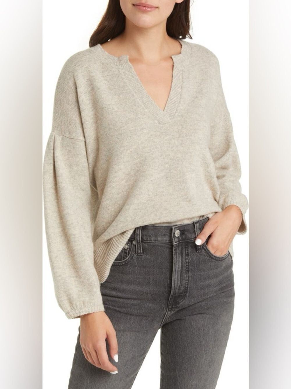 Madewell Wiltshire Wool Blend Heathered Taupe V-Neck Boxy Sweater XXS